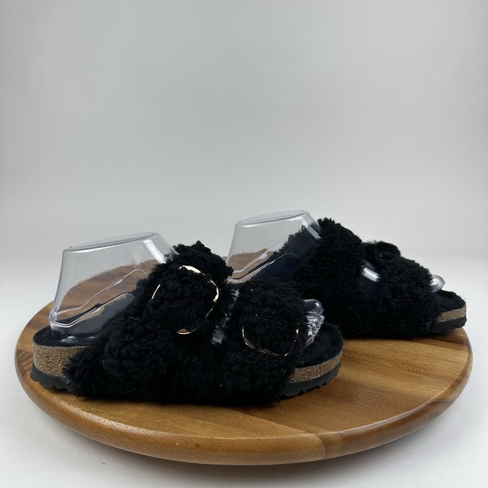Womens Birkenstock Arizona Shearling Big Buckle Black Slide Sandals Size EU 37
